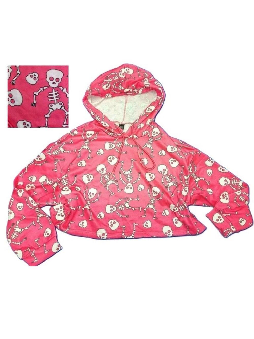 NEW Plus Size XL Hot Pink SKELETON Hoodie Crop Sweatshirt Top Skater Glam Blouse
